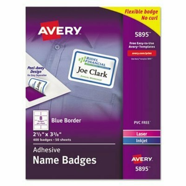 Avery, FLEXIBLE ADHESIVE NAME BADGE LABELS, 3.38 X 2.33, WHITE/BLUE BORDER, 400PK, Avery Dennison, Mfr#: 5895